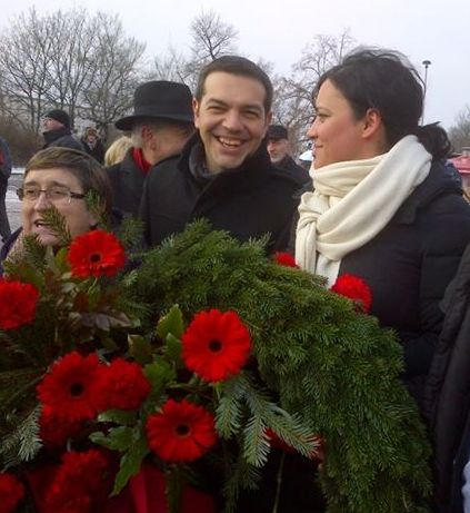 Marisa Matias [on right] with Syriza leader Alexis Tsipras - taking flowers for Rosa Luxemburg and Karl Liebnecht on the anniversary of their murders.